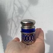 Silver-plated metal and blue glass salt and pepper shaker