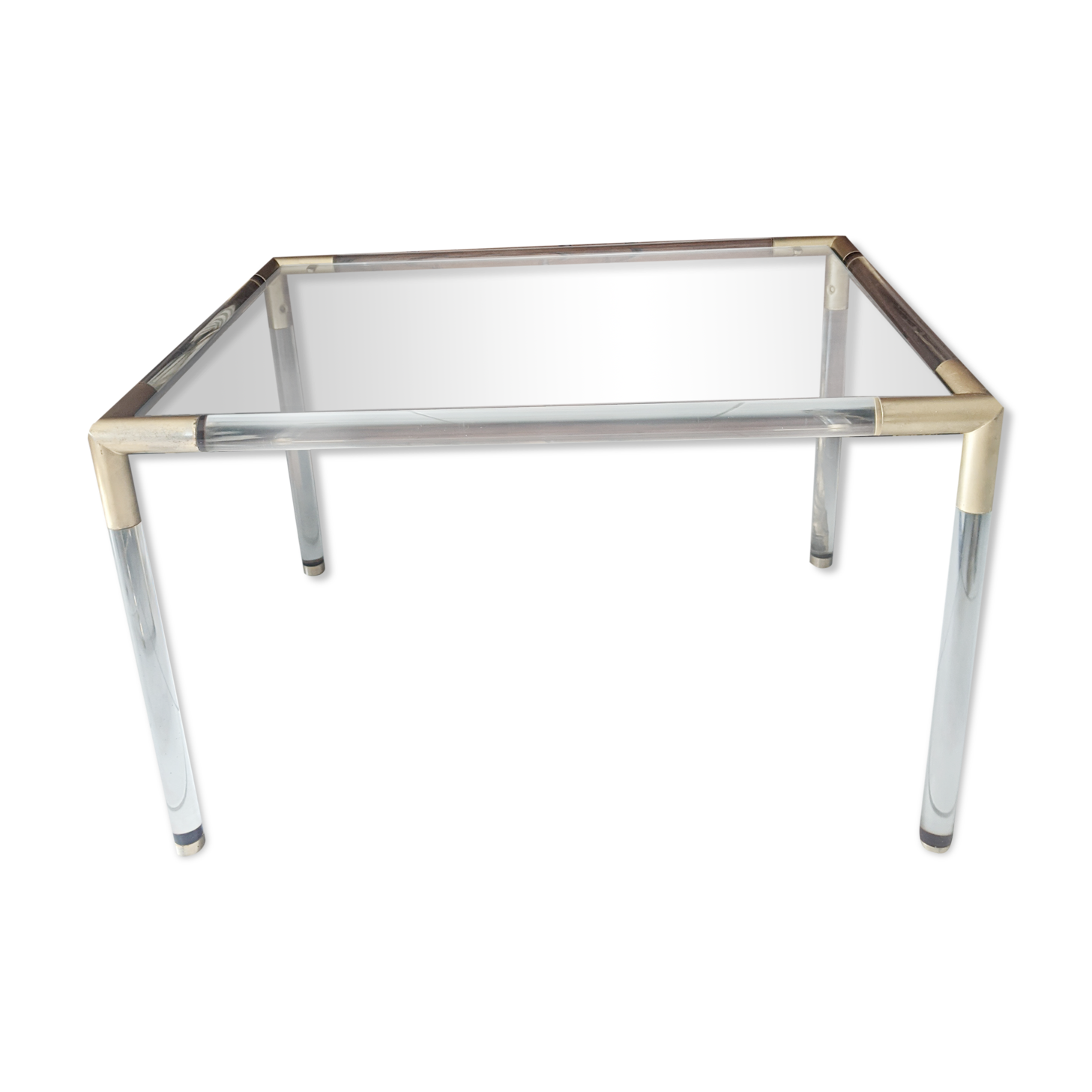 Vintage coffee table in plexiglass, glass and gold metal 1970