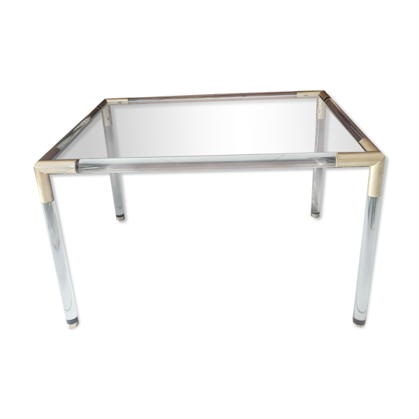 Table basse vintage en plexiglass, verre et métal doré 1970