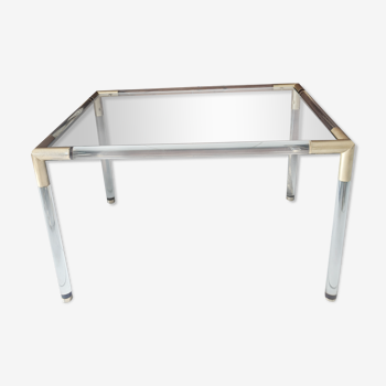 Vintage coffee table in plexiglass, glass and gold metal 1970
