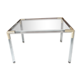 Table basse vintage en plexiglass, verre et métal doré 1970