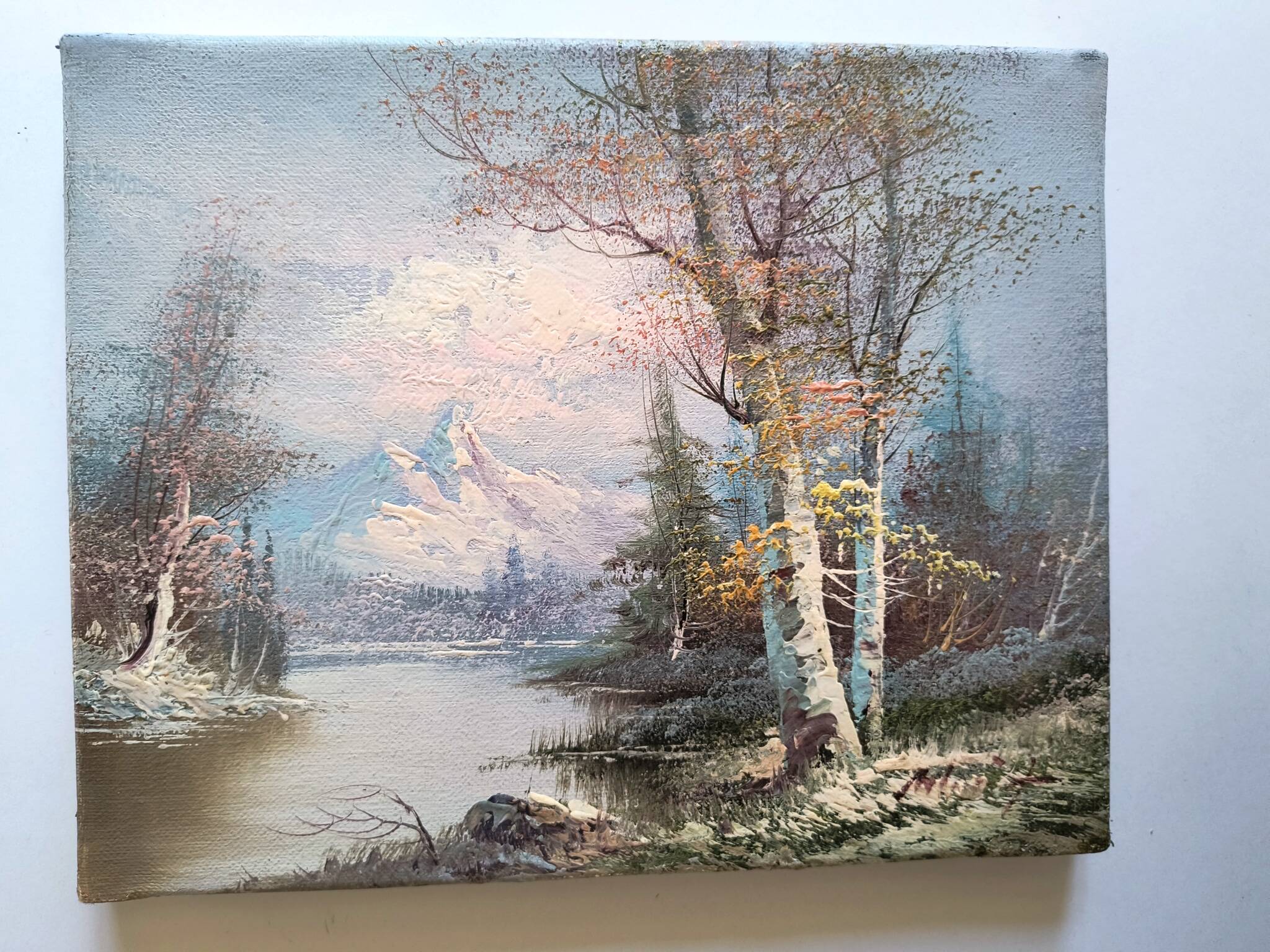 Vintage oil painting – Forest by the lake under a pastel sky