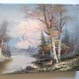 Vintage oil painting – Forest by the lake under a pastel sky
