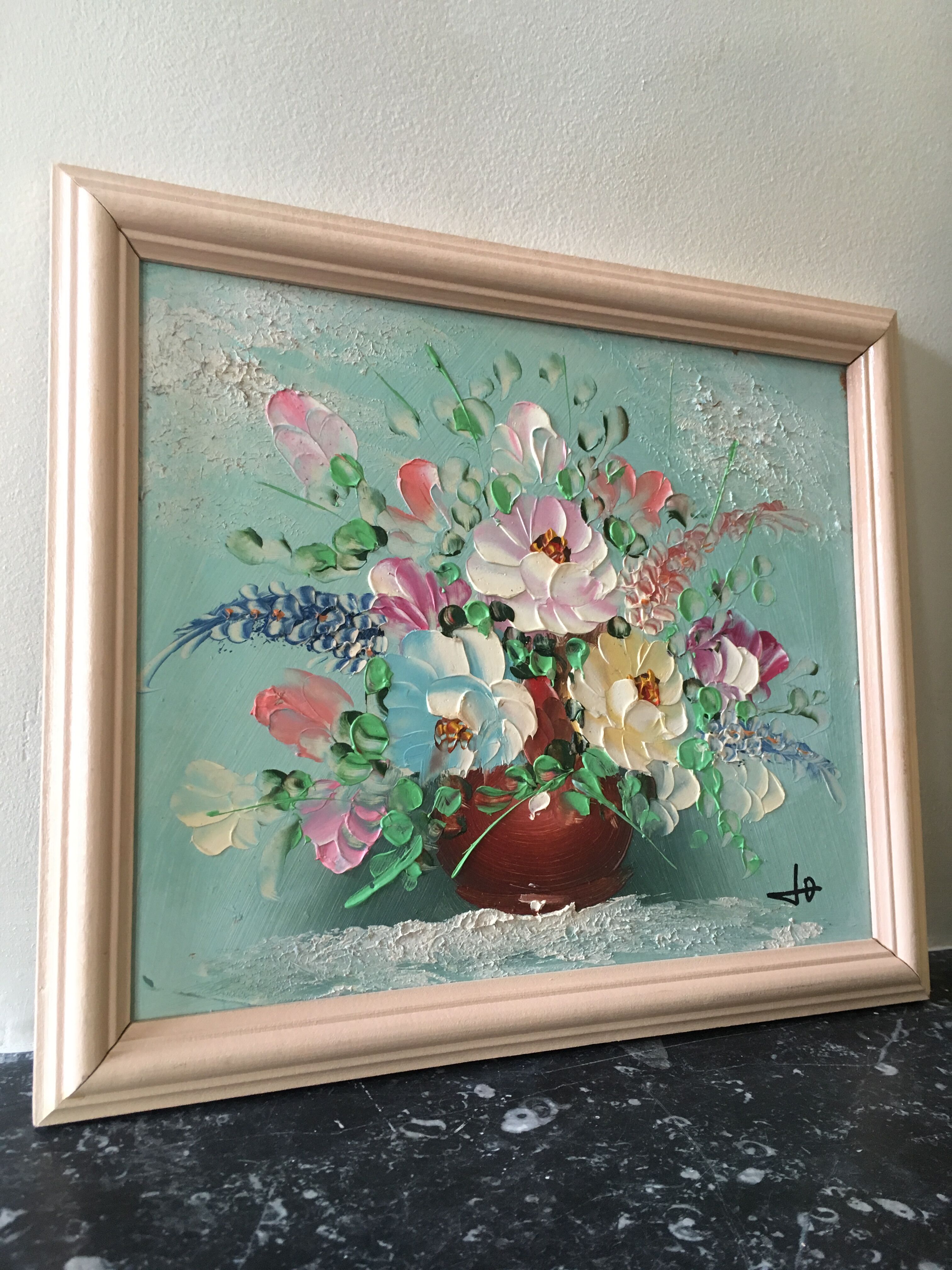 Painting painting in powder pink oil, blue-green