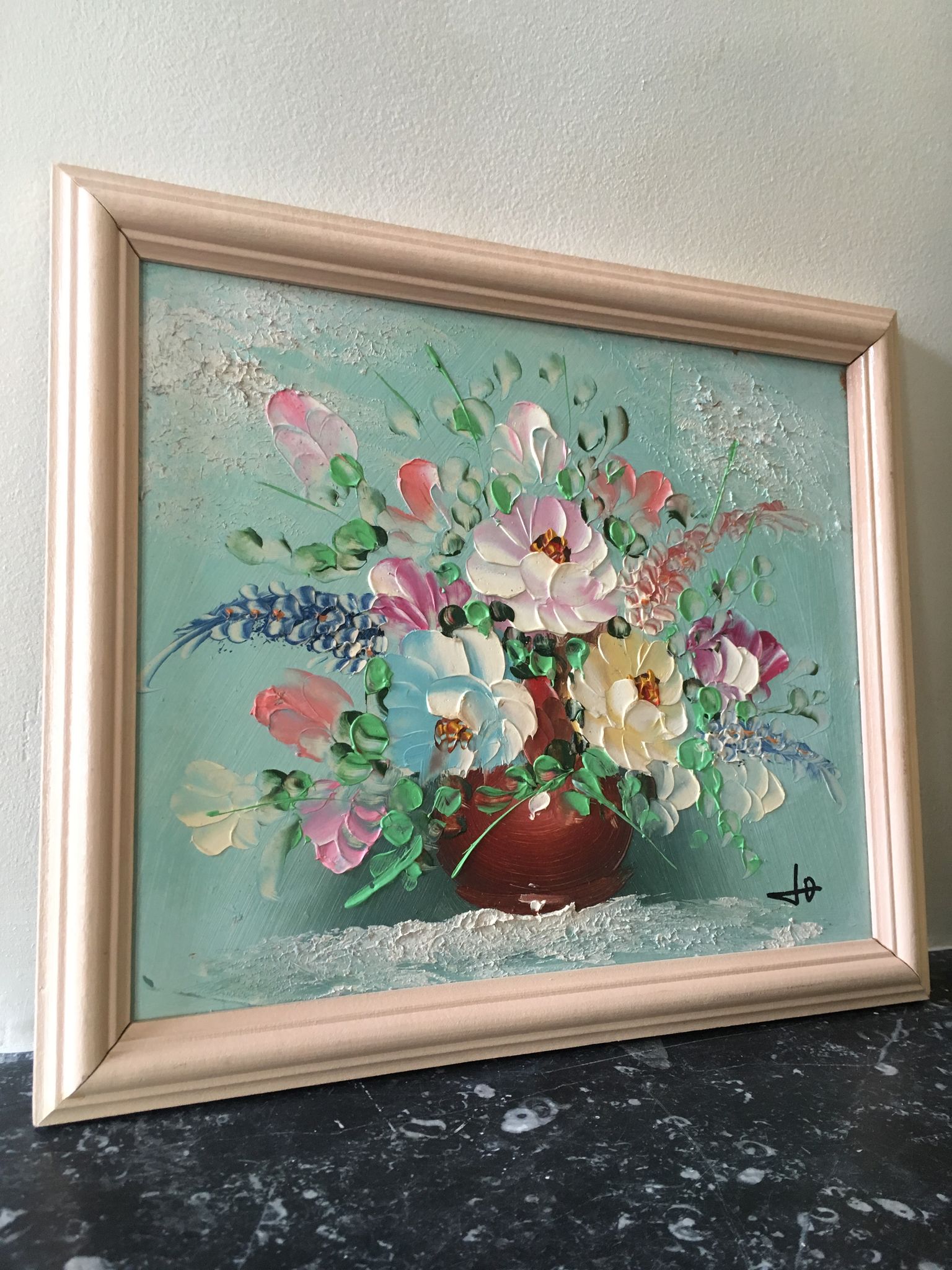 Painting painting in powder pink oil, blue-green