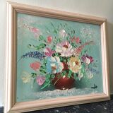 Painting painting in powder pink oil, blue-green