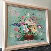Painting painting in powder pink oil, blue-green