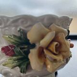 Capodimonte-style porcelain lidded sugar bowl with floral relief