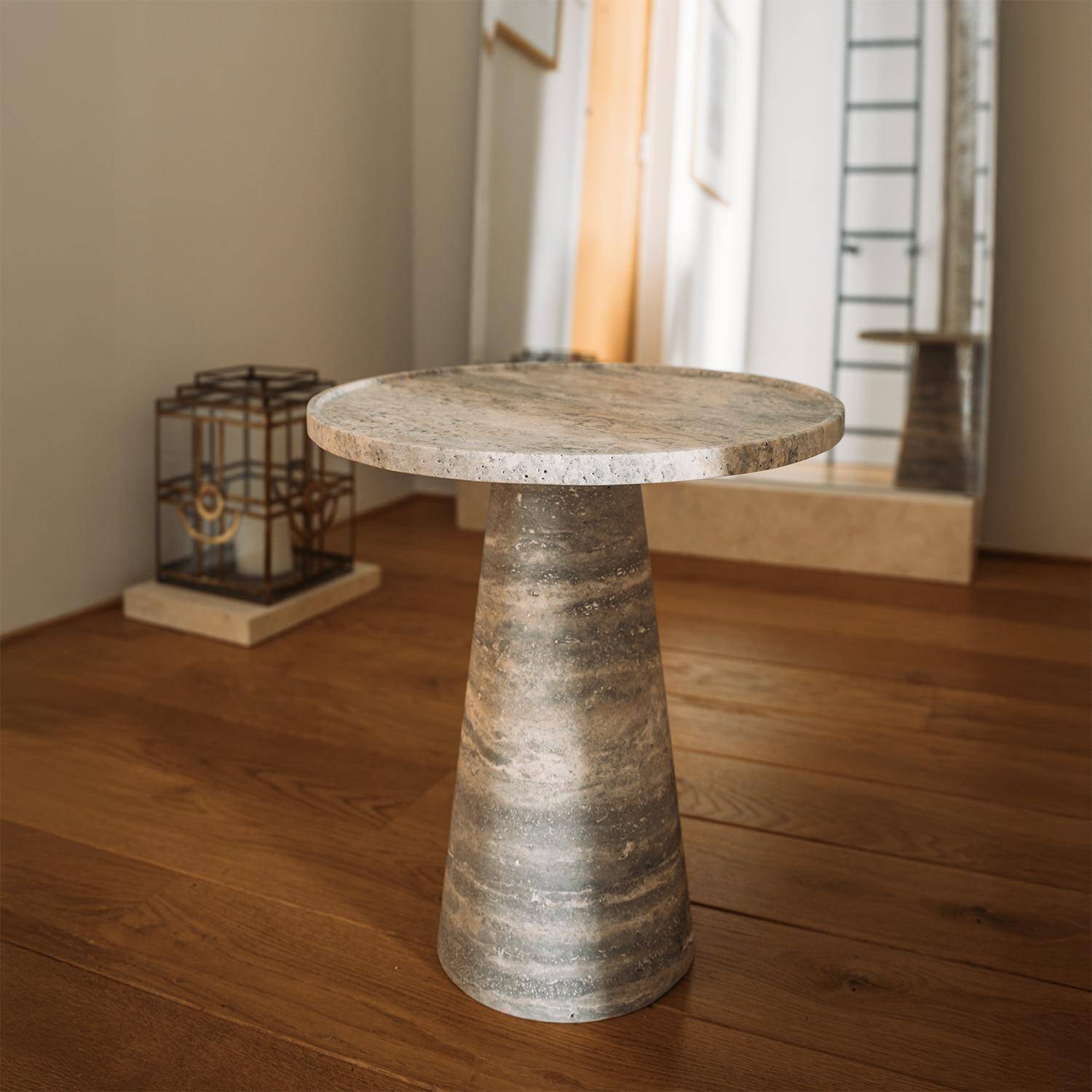 Silver travertine cone side table