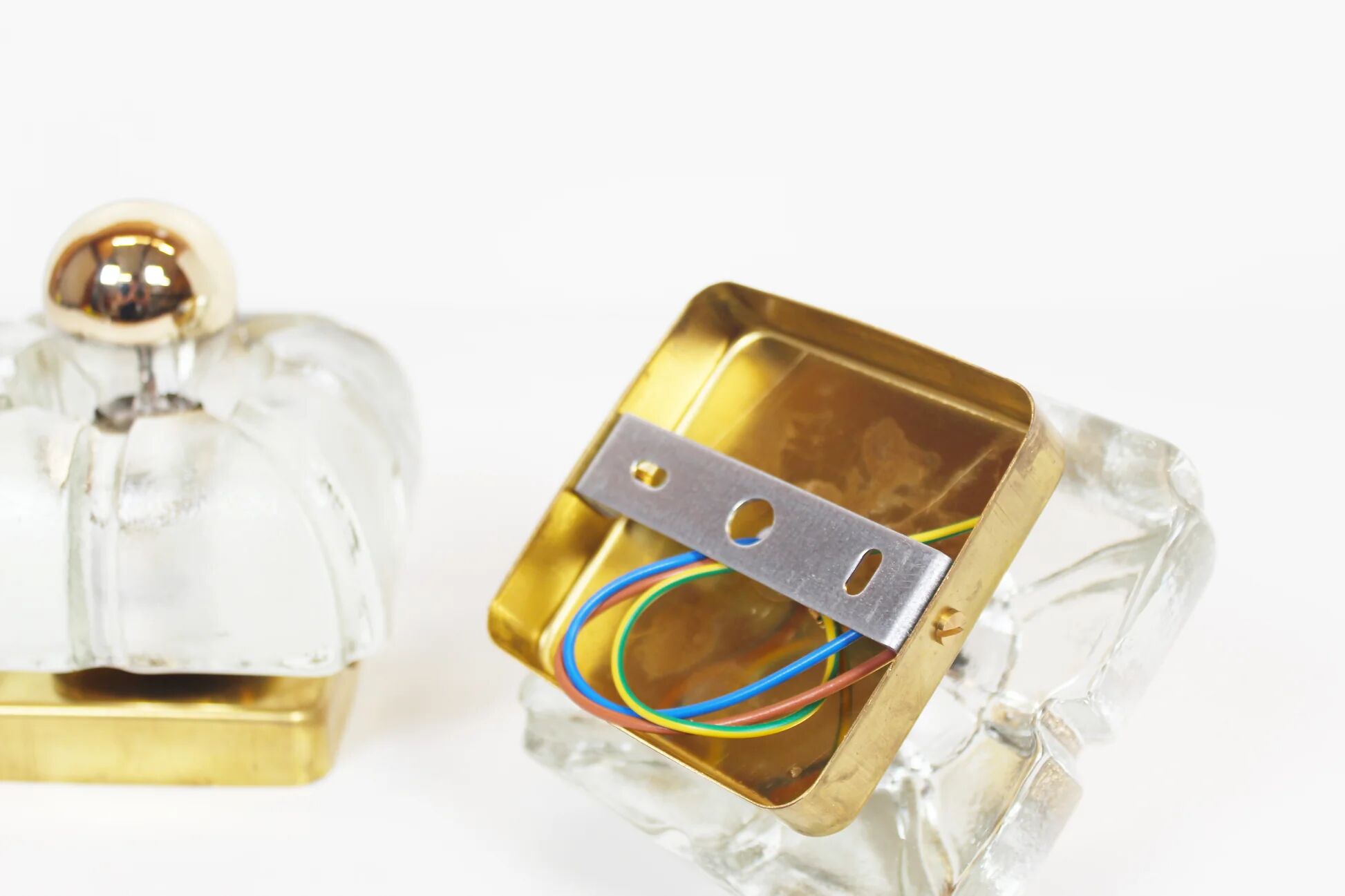 Pair of ice glass and brass wall lamps by Sische