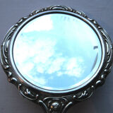 Art Nouveau hand-facing, mirror in repulsed silver frame, rose decoration 14x27cm