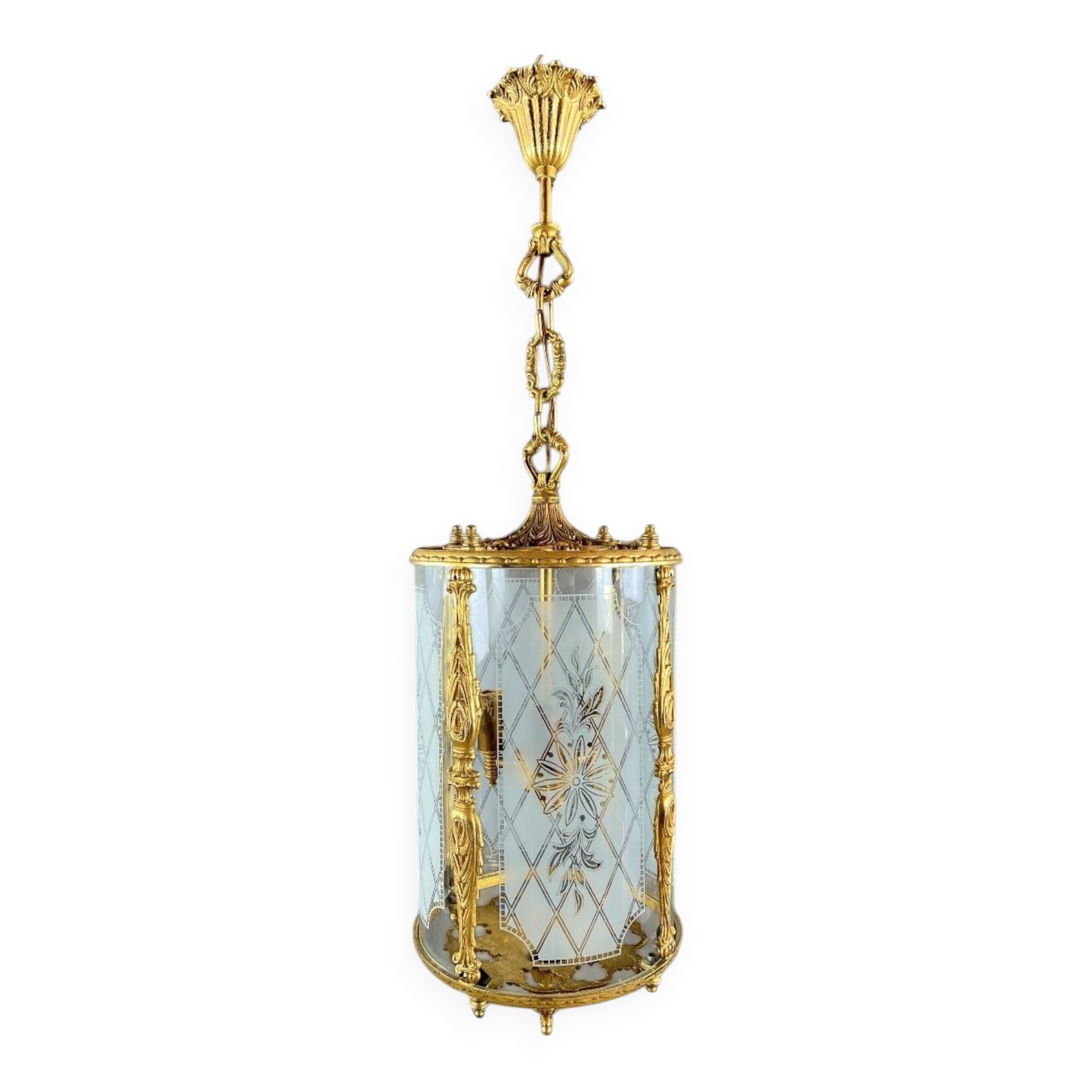 Louis XVI style lantern in gilded bronze and engraved glass, 20th century.