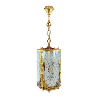 Louis XVI style lantern in gilded bronze and engraved glass, 20th century.