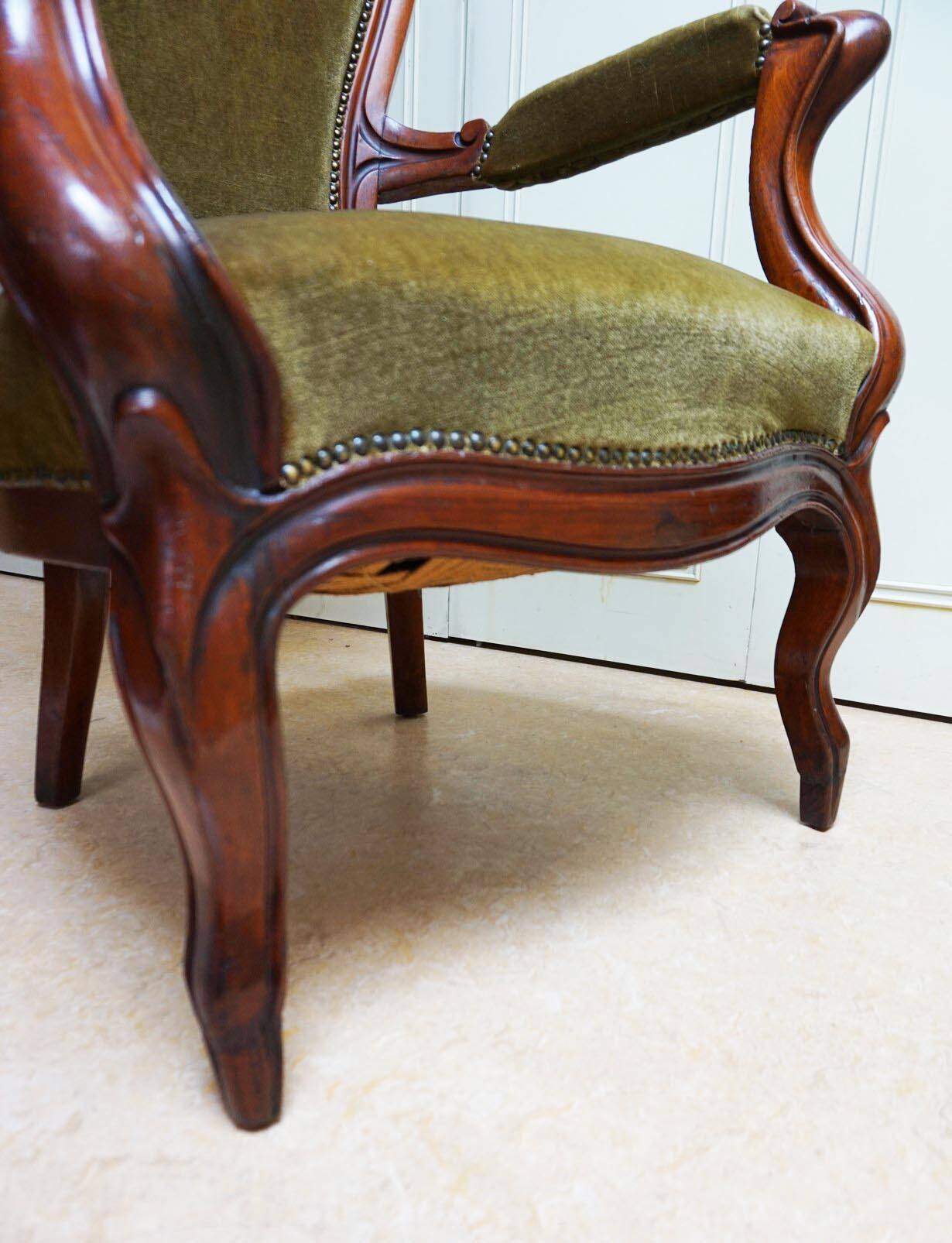 Mahogany Napoleon III Armchair with Carved Grapes  Decoration on Top, 1870s
