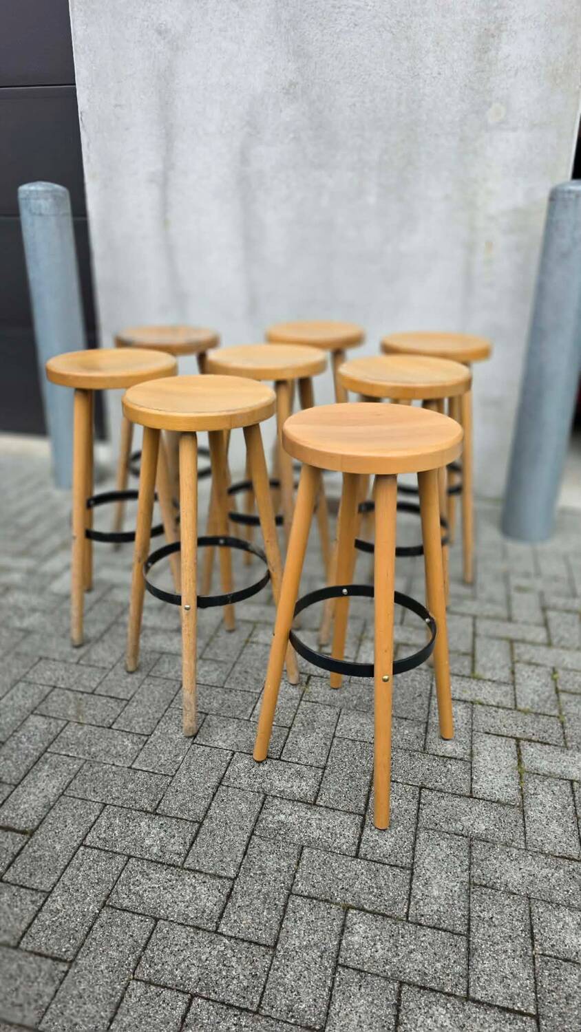 8 mid-century modern bar stools in beech and hammered iron