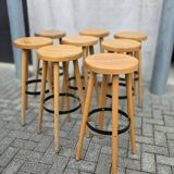 8 mid-century modern bar stools in beech and hammered iron