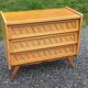 Vintage chest of drawers in light oak and rattan with tapered legs, 3 drawers from the 1950s.
