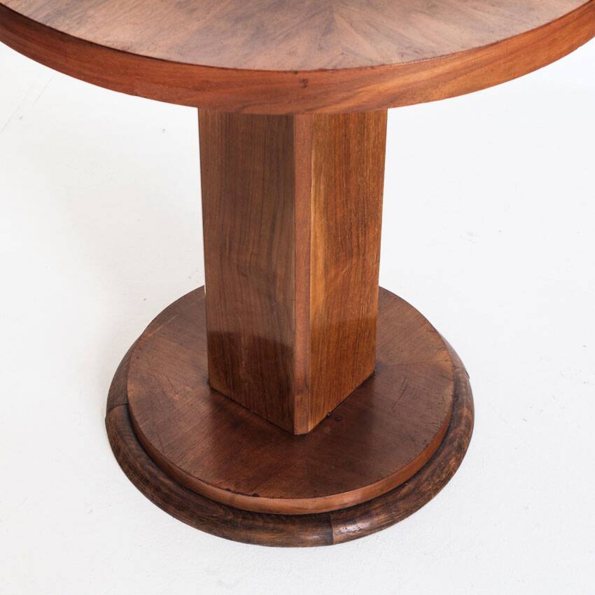 Art Deco style pedestal table in walnut wood veneer. France, 40's