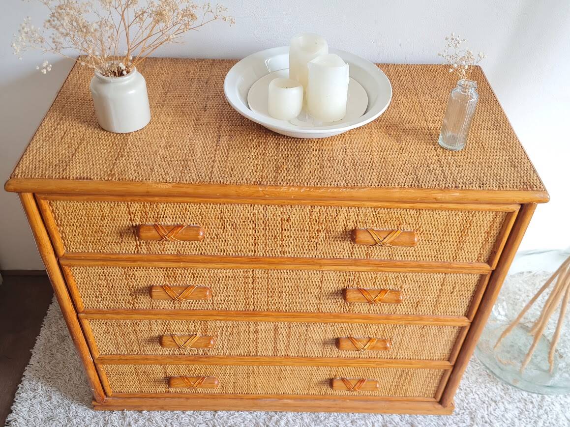 Vintage rattan chest of drawers circa 70s