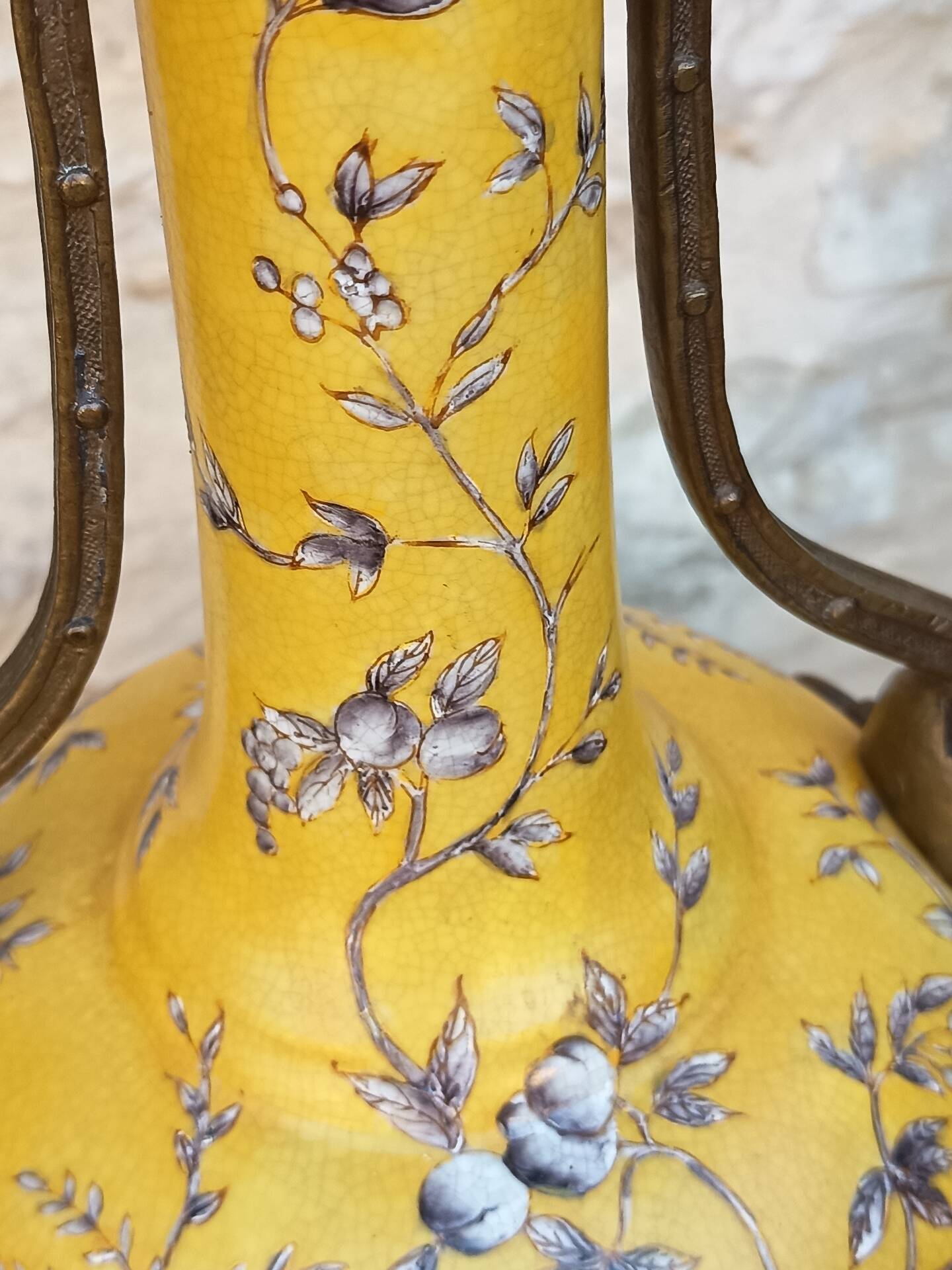 Large lamp base - 43 cm - yellow earthenware with polychrome glazes - 20th century