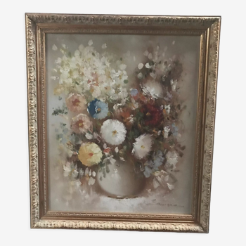 Still life oil painting on canvas bouquet of flowers signed sanders