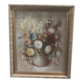Still life oil painting on canvas bouquet of flowers signed sanders
