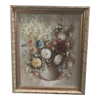 Still life oil painting on canvas bouquet of flowers signed sanders