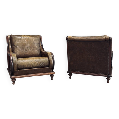 Paire de fauteuils vintage cuir cognac & bois massif – esprit club / lounge
