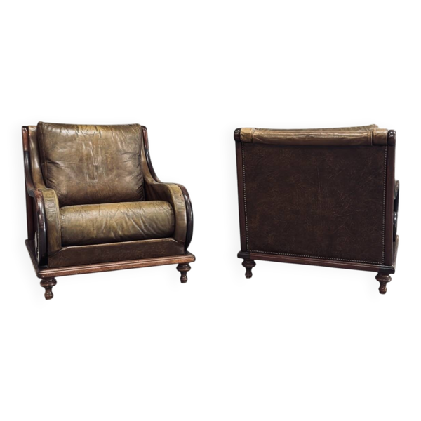 Paire de fauteuils vintage cuir cognac & bois massif – esprit club / lounge