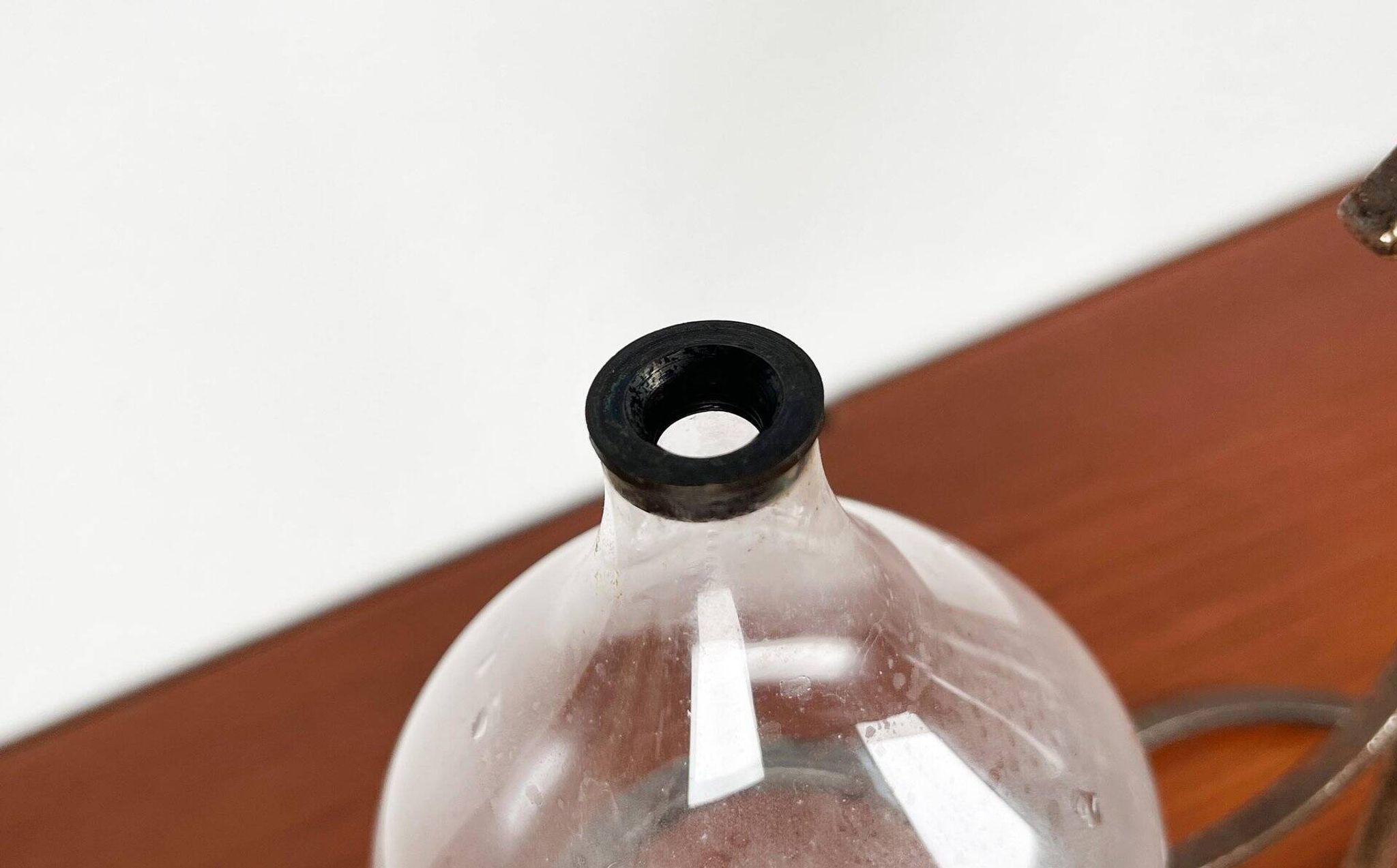 Mid-century Danish wrought iron and glass table oil lamp, 1960s.