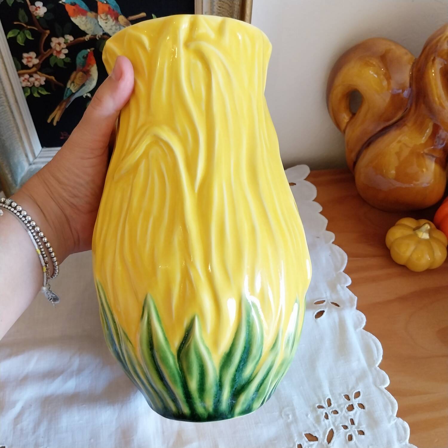 Barbotine vase with sunflower decor
