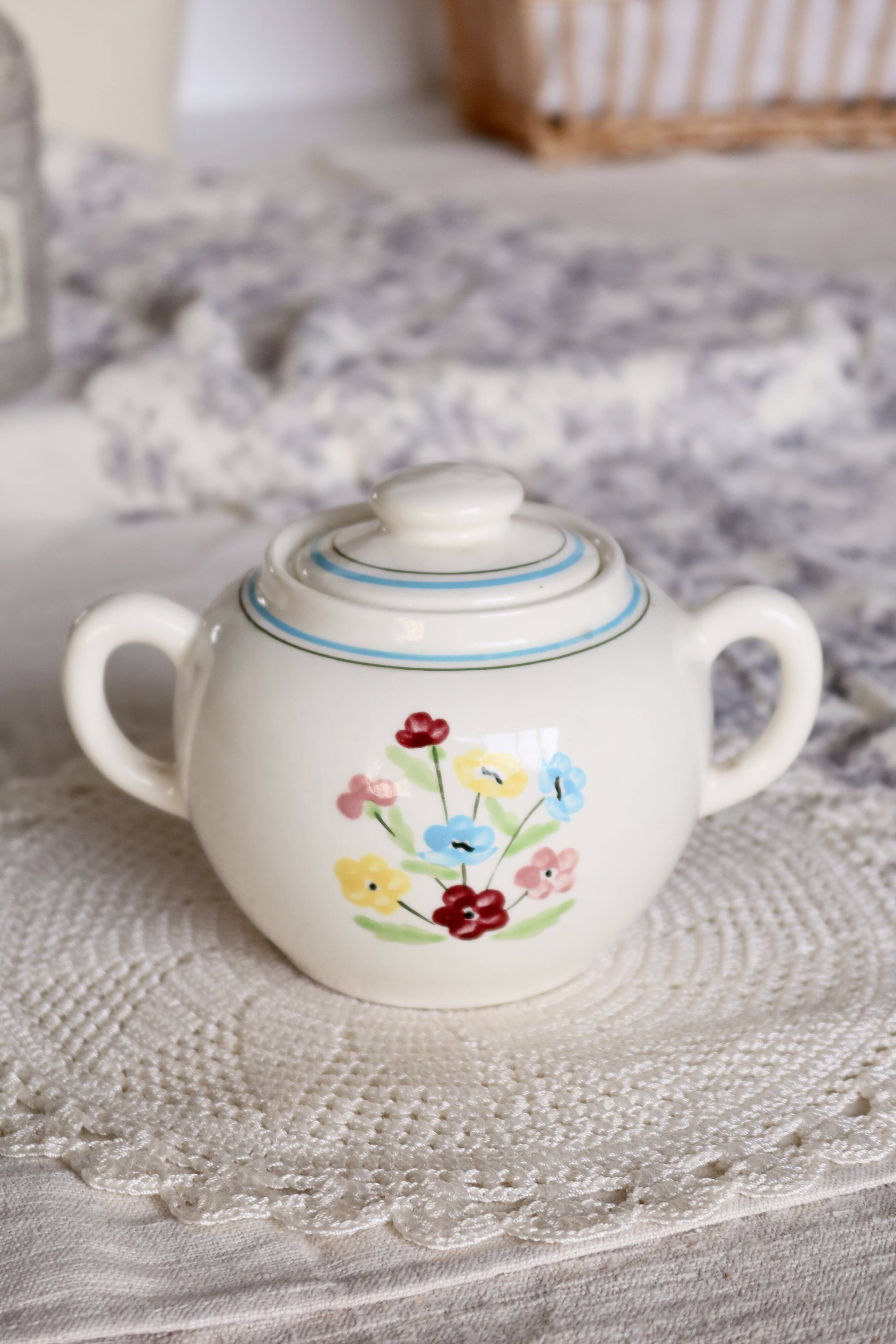 Vintage Salins earthenware sugar bowl - Floral pattern