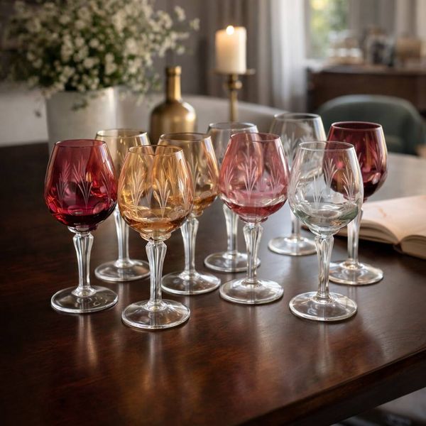 8 verres en cristal gravé de couleur, années 1970
