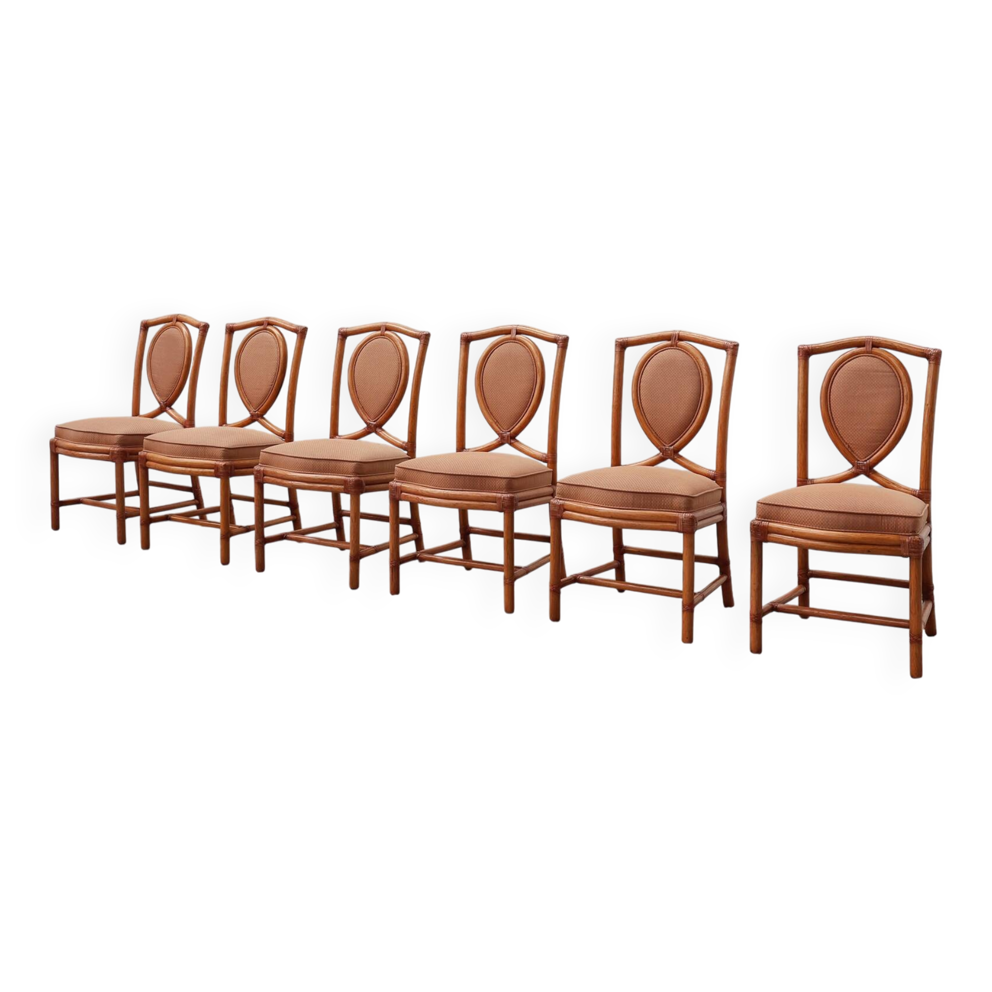 Set of 6 bamboo dining room chairs with geometric upholstery by Gasparucci