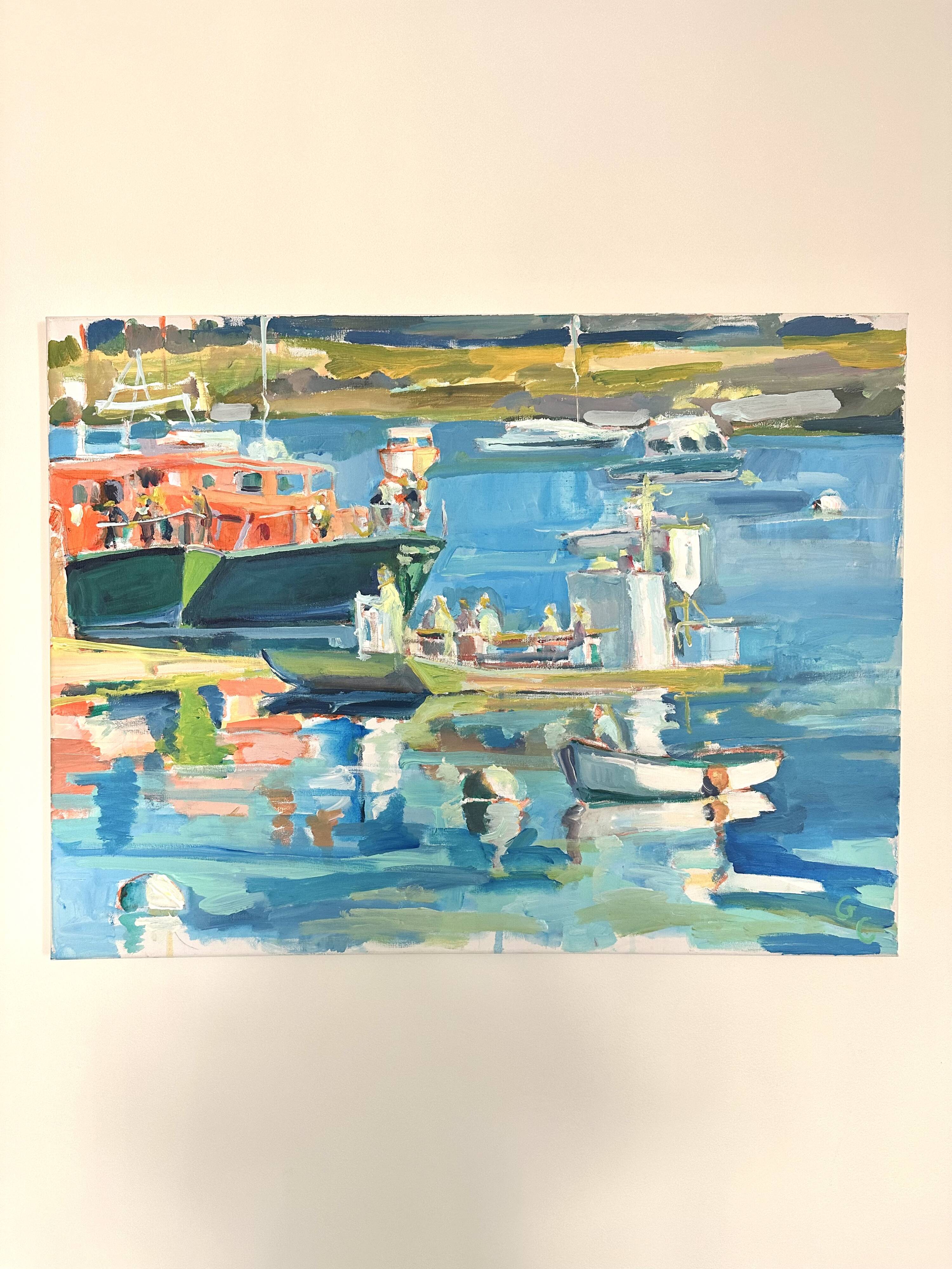 Oil on canvas signed, fishing port with colourful boats.