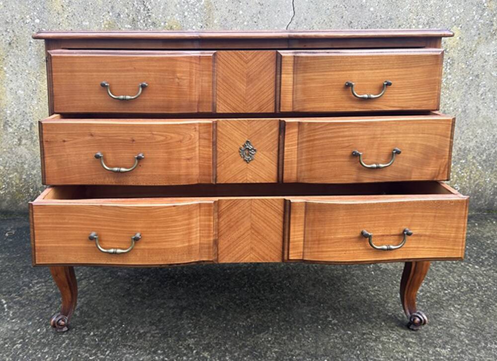 Louis XV style crossbow chest of drawers with 3 cherry drawers, 1960s