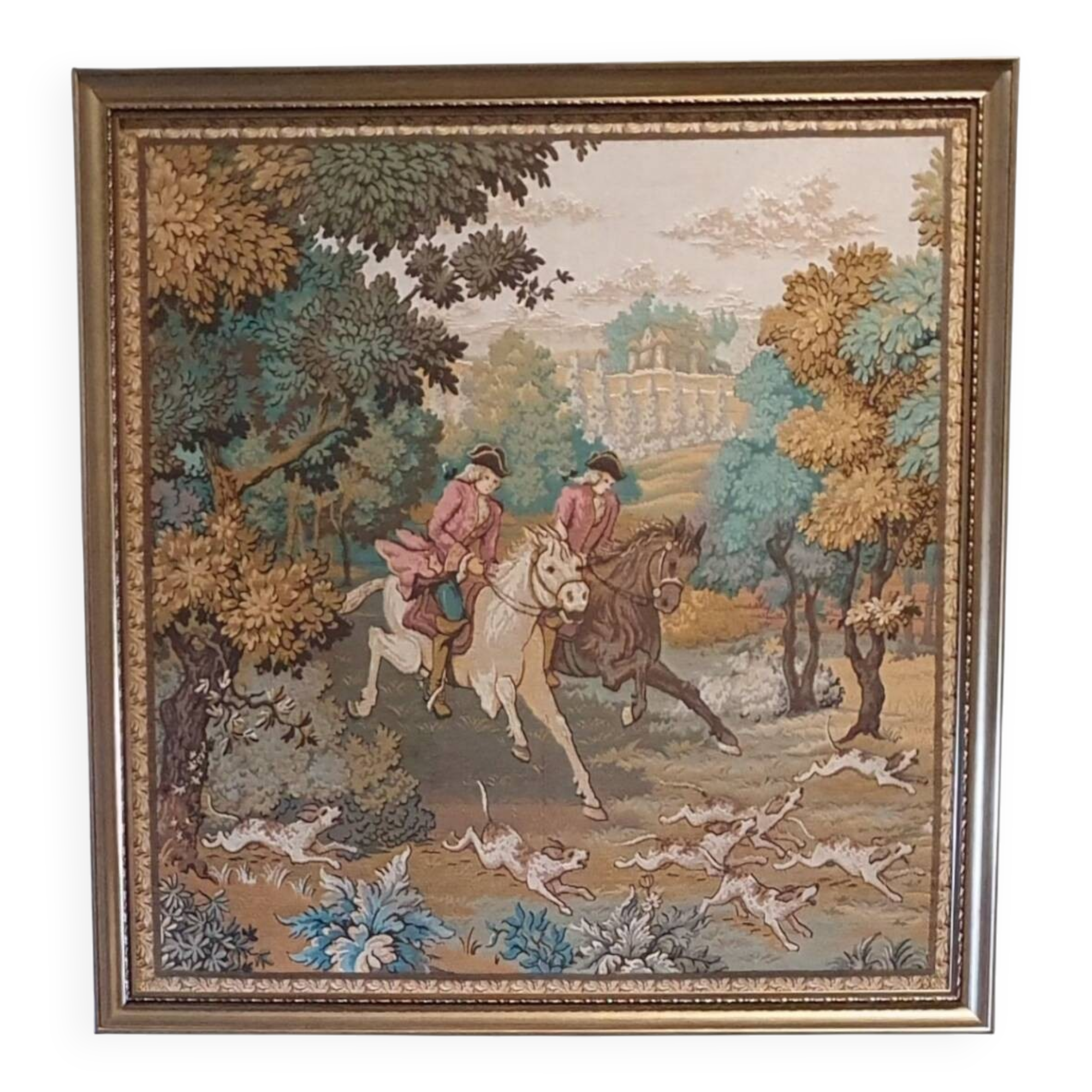 135x 137 cm Vintage framed wall tapestry gobelin horses
