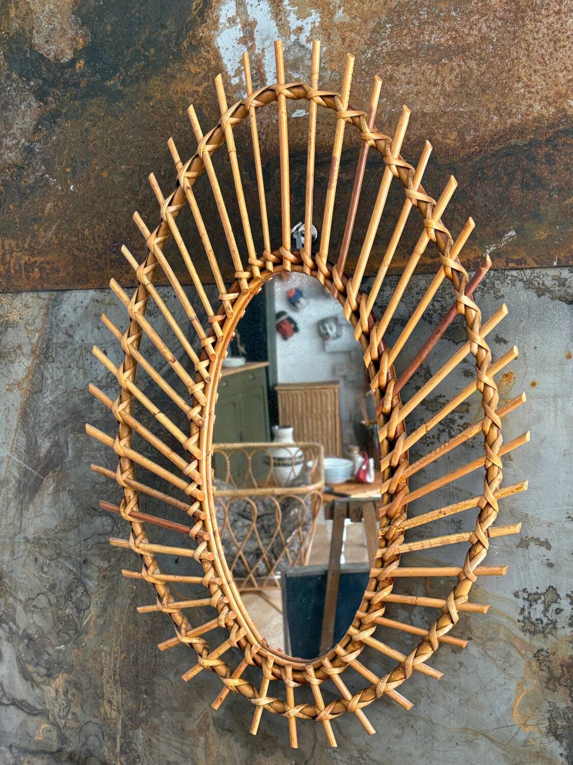 Large antique rattan mirror