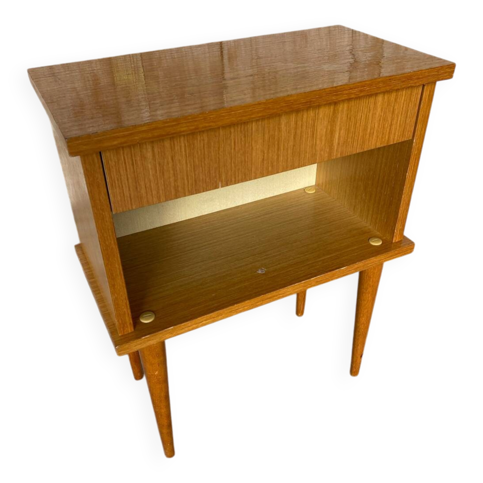 Vintage 1970s Wooden Nightstand with Case + Drawer