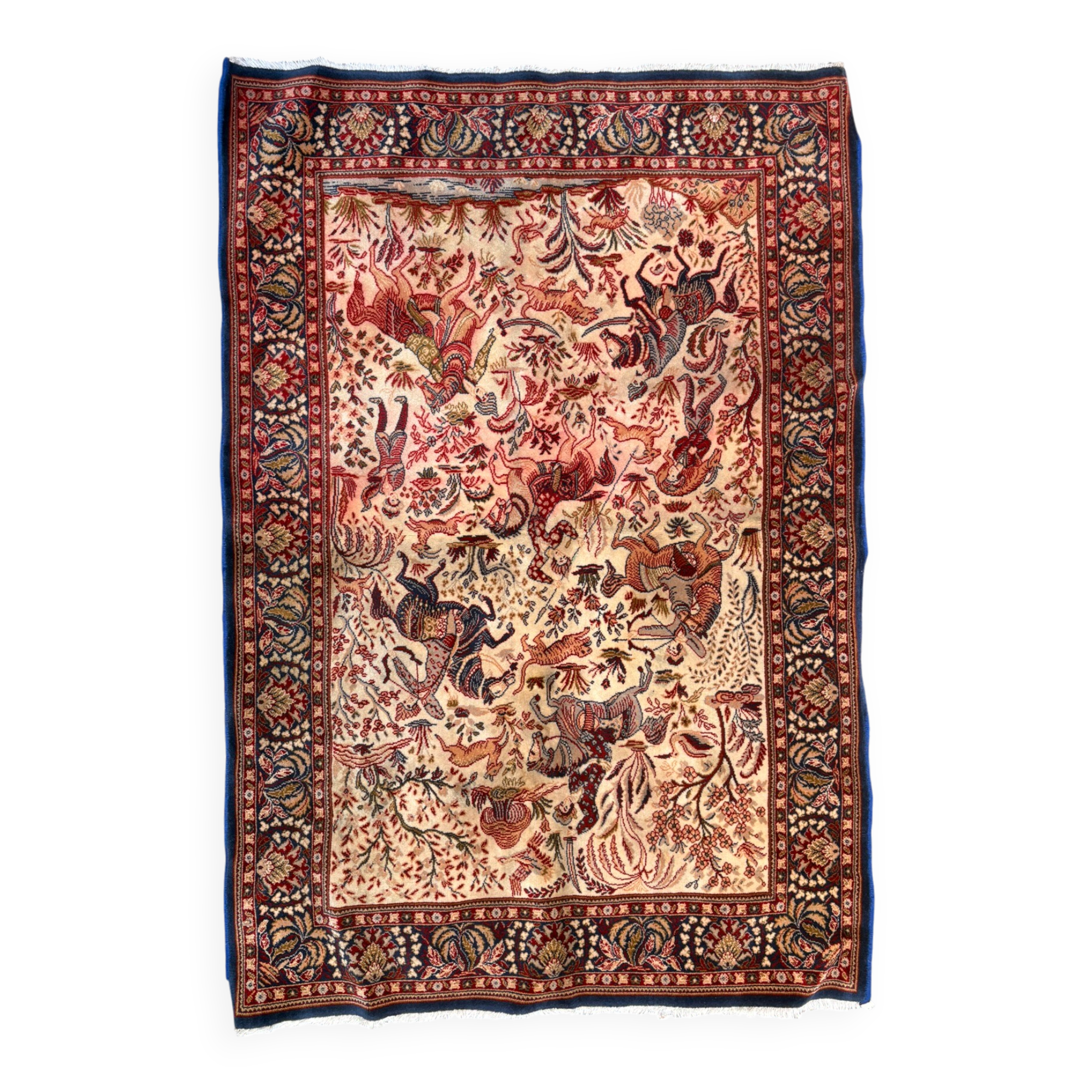 Tapis persan ispahan fait main scène chasse royale laine coton 160x110cm