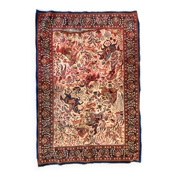 Tapis persan ispahan fait main scène chasse royale laine coton 160x110cm