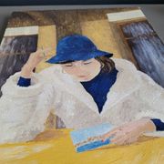 Oil on canvas portrait of a woman writing a postcard