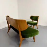 Sofa and armchair designed by Herta-Maria Witzemann, moulded wood, 1960s.