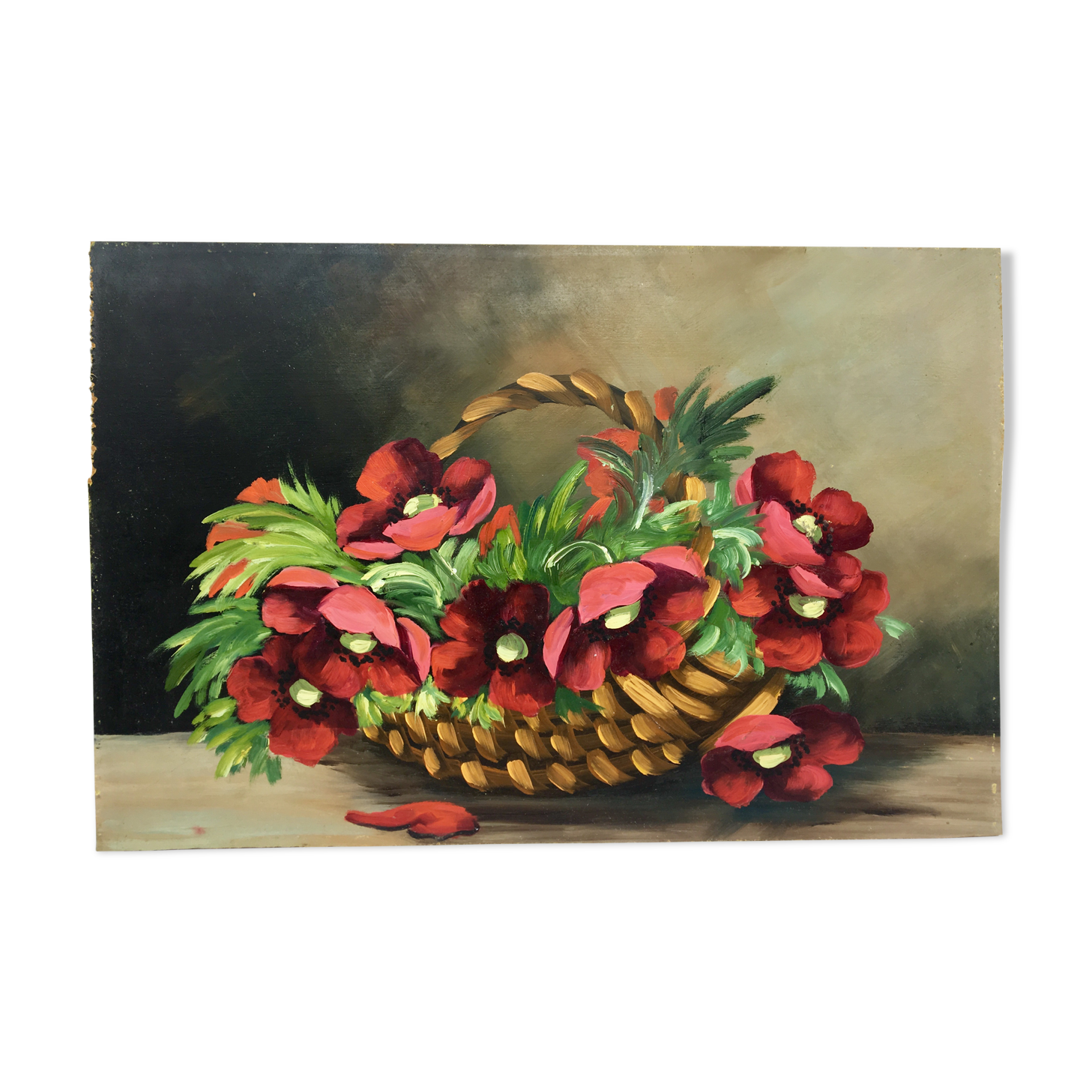 Still life painting with a basket of flowers from the 70s