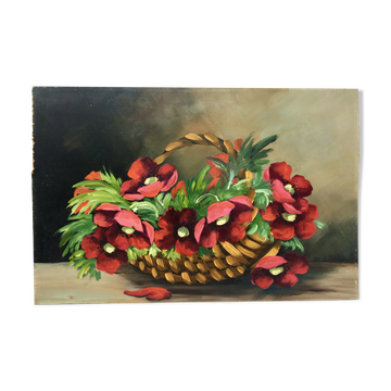 Still life painting with a basket of flowers from the 70s