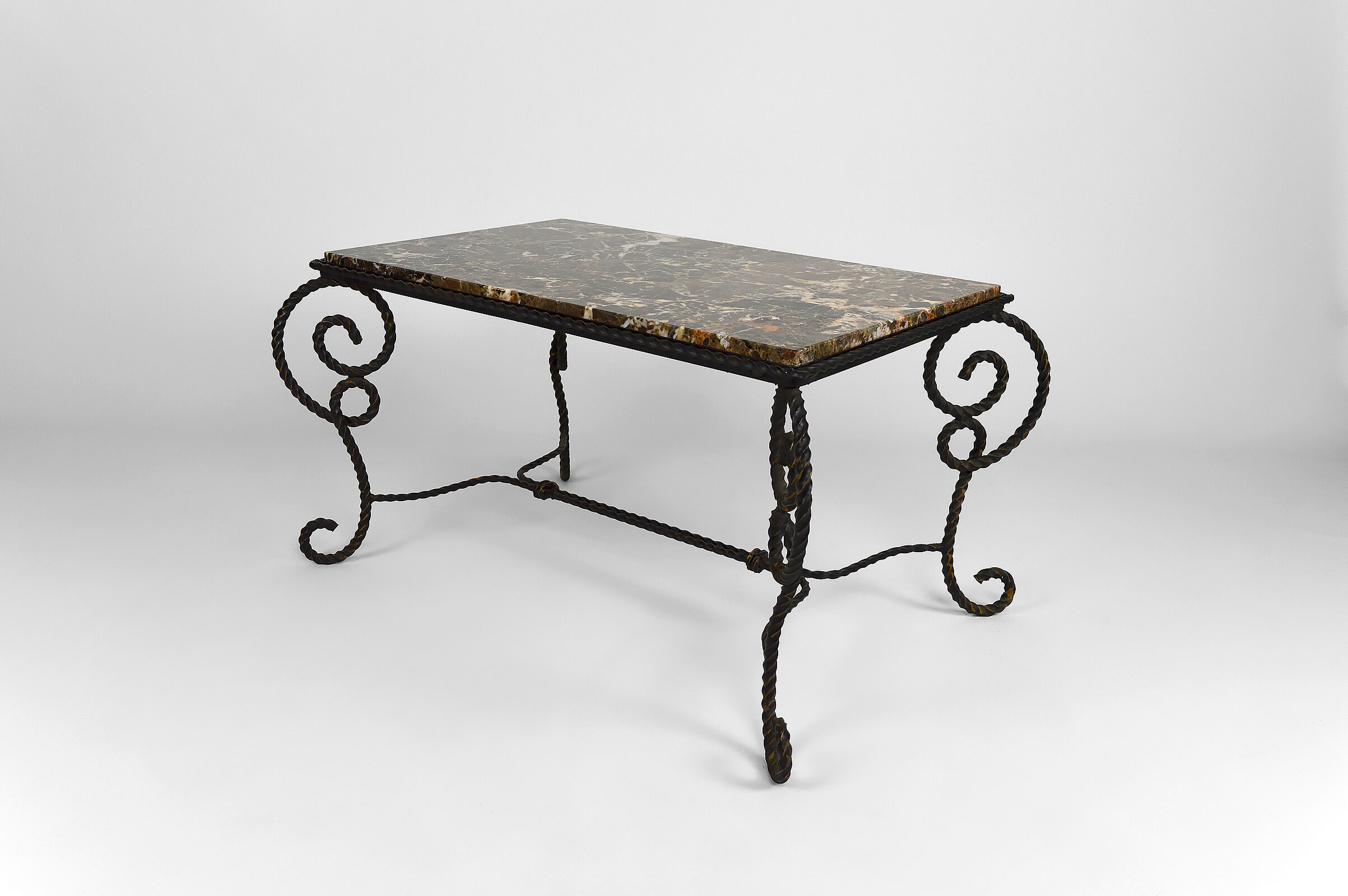 Coffee table in patinated wrought iron and marble, circa 1940