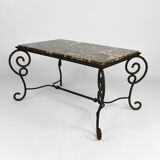 Coffee table in patinated wrought iron and marble, circa 1940
