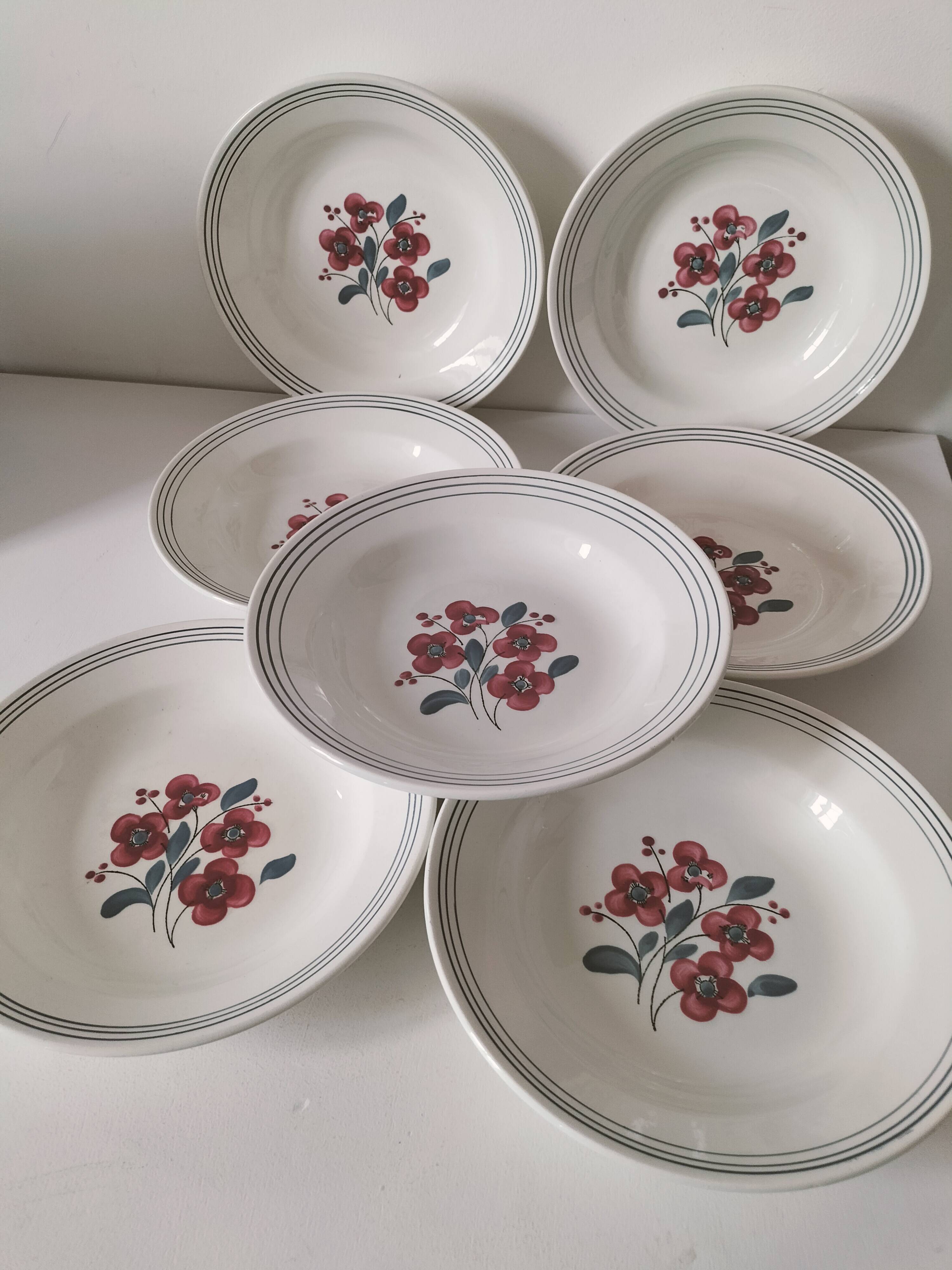 7 Salins Odile soup plates – raspberry flowers & blue border