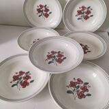7 Salins Odile soup plates – raspberry flowers & blue border