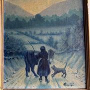 Oil on canvas by Bernard XXe representing a farmer's wife on a path